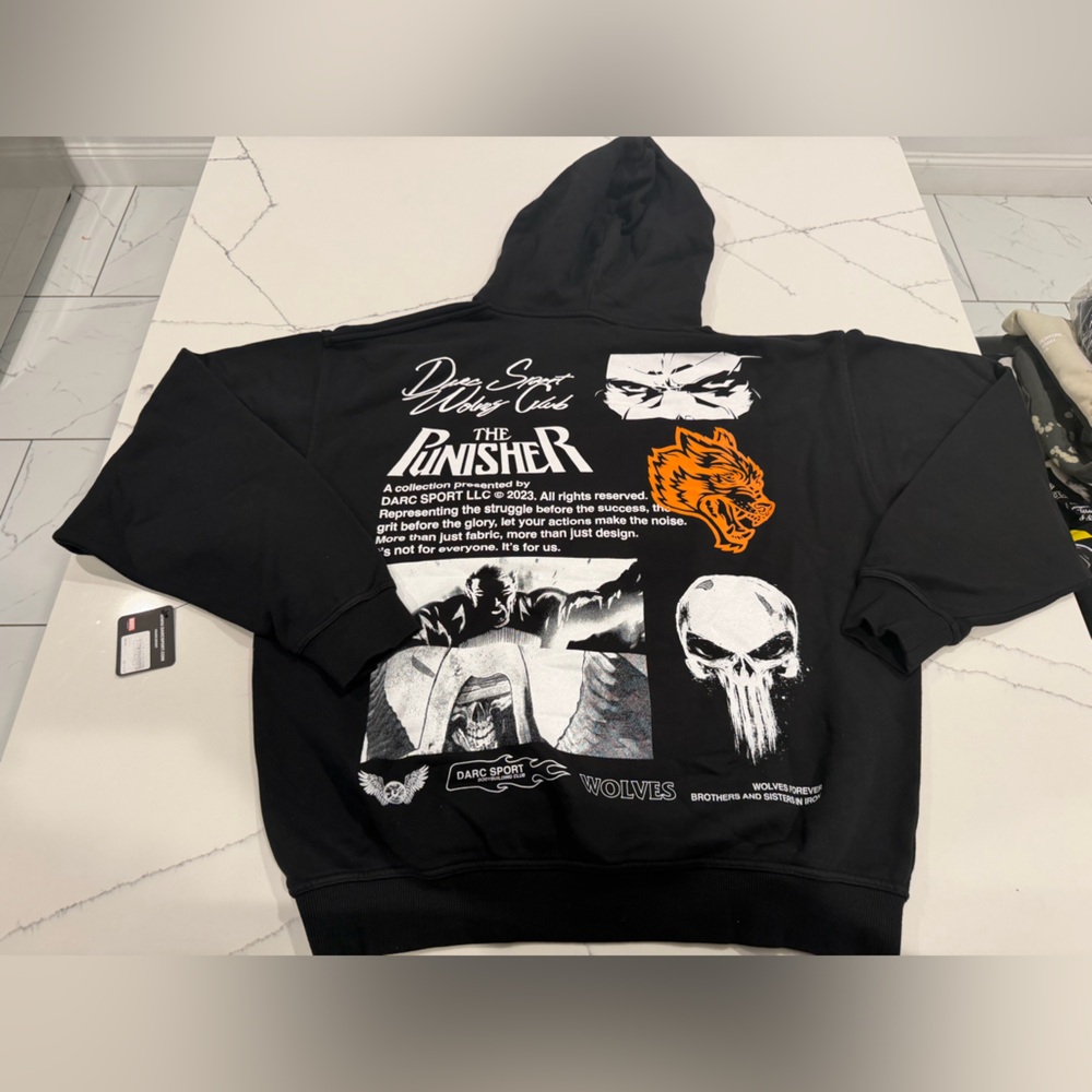 Darc Sport Black Punisher Hoodie with Orange Tiger Motif